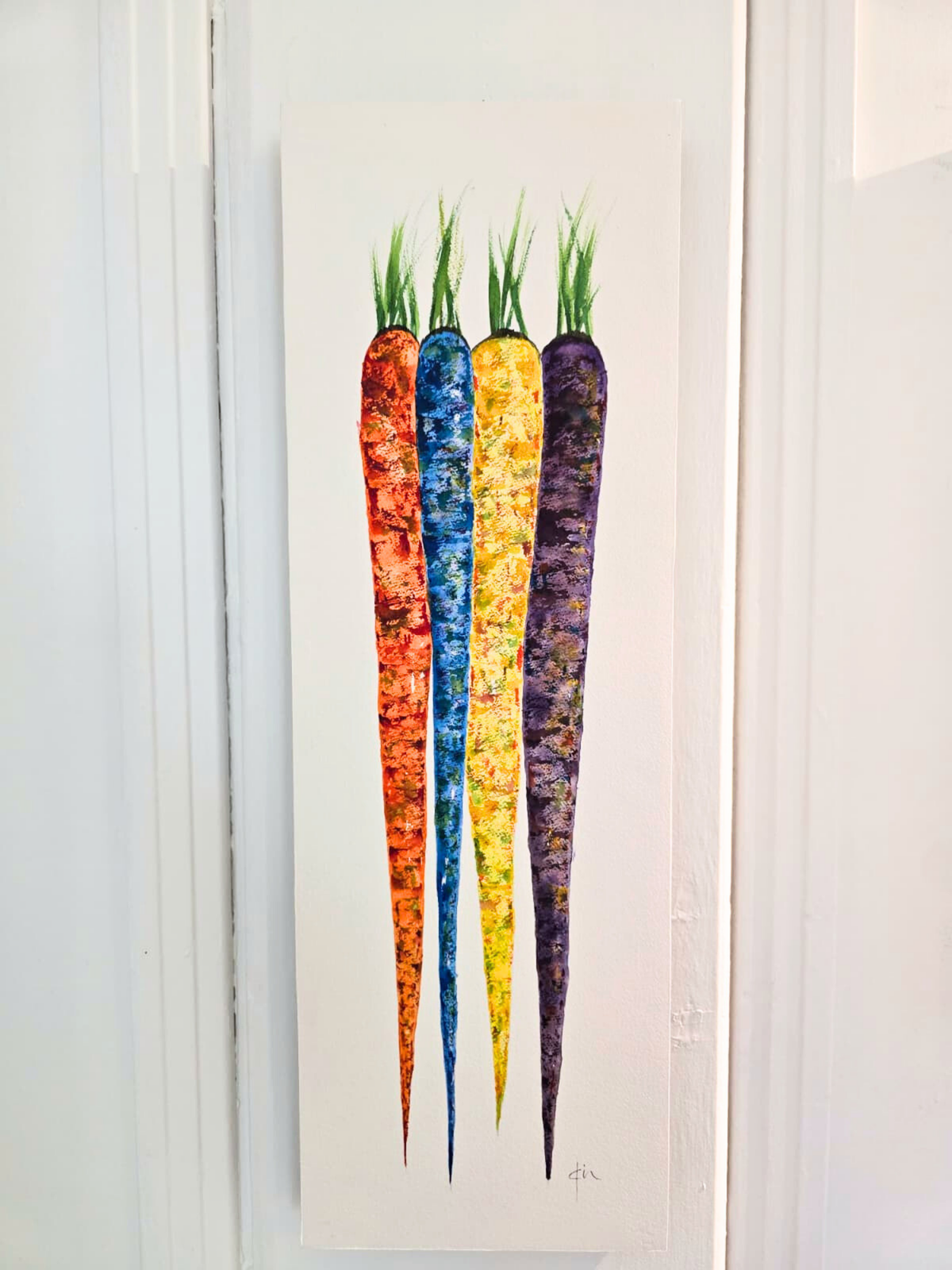 Art _ Diane Auger _ Nouvelles Carottes sur panneau de bois (9x27)